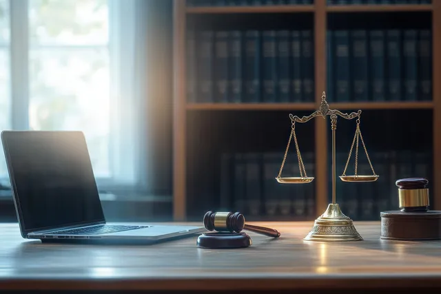 Brass justice scales, wooden gavel, and open laptop rest on a wooden desk beside law books in warm sunlight.