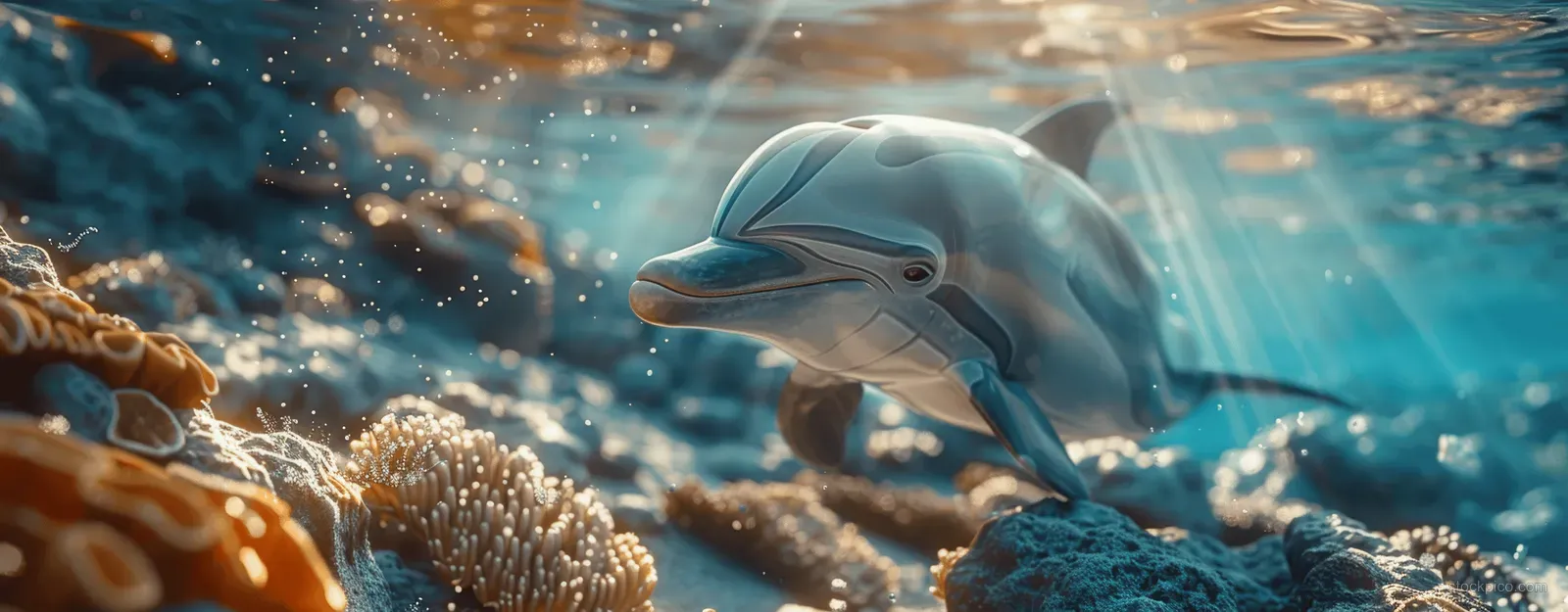 A dolphin swims underwater near coral reef while sunbeams and bubbles illuminate the clear sea.