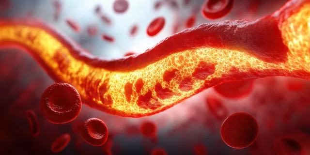 Hyper-realistic artery cross-section showing plaque blockage and glowing blood flow streamlines