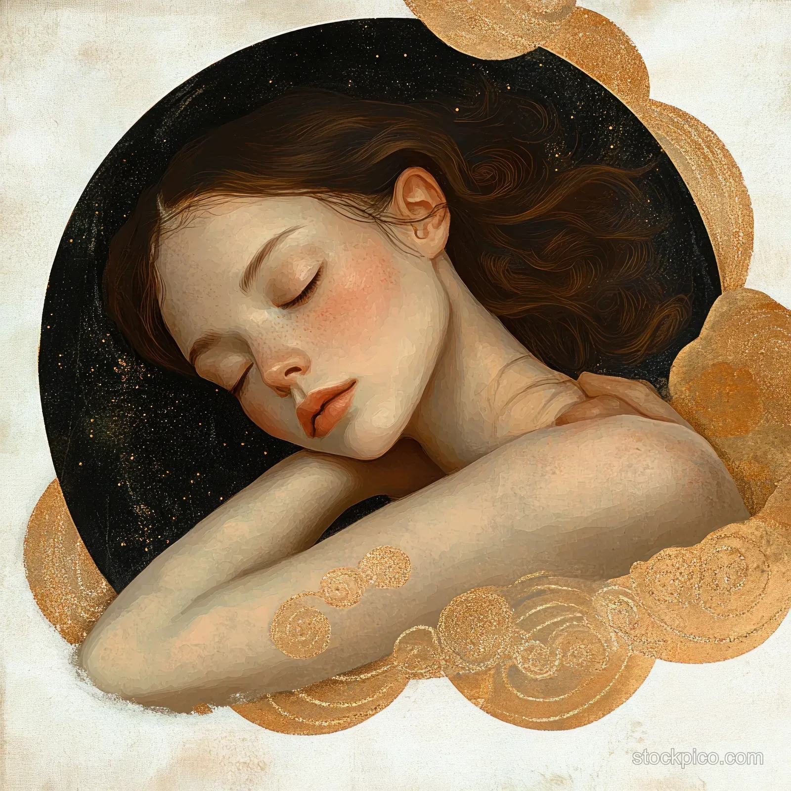 A serene young woman rests with closed eyes inside a dark starry circle bordered by glowing golden patterns.
