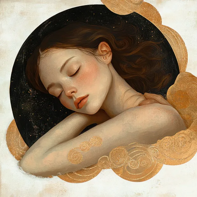 Serene young woman resting with closed eyes, gold celestial halo and starry circular backdrop