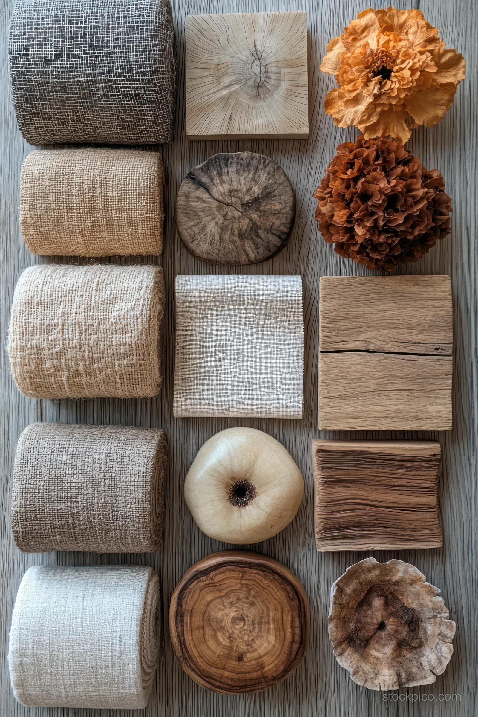 Neutral fabric swatches and wood texture sample tiles are laid out on a tabletop for design comparison.