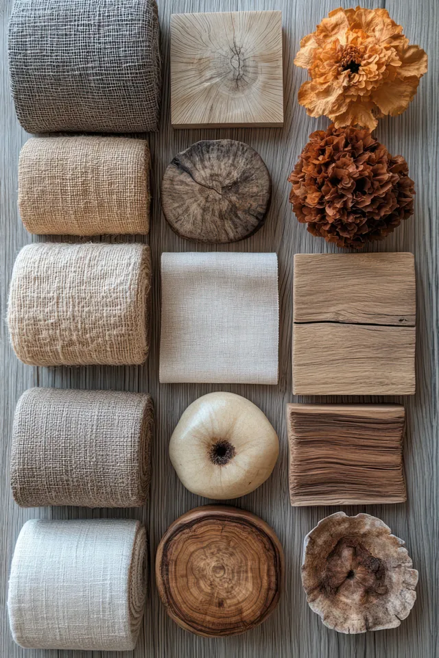 Neutral fabric swatches and wood texture sample tiles are laid out on a tabletop for design comparison.