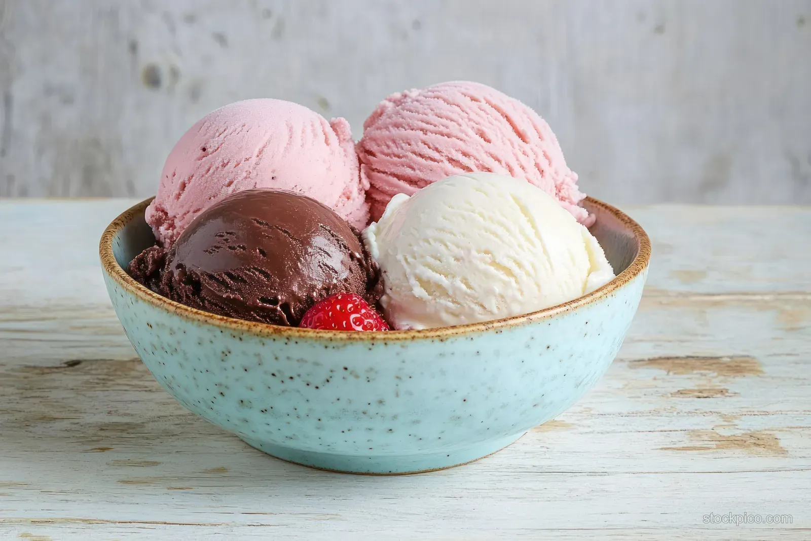 Blue ceramic bowl filled with strawberry, chocolate, and vanilla ice cream scoops with a strawberry on rustic wooden surface.