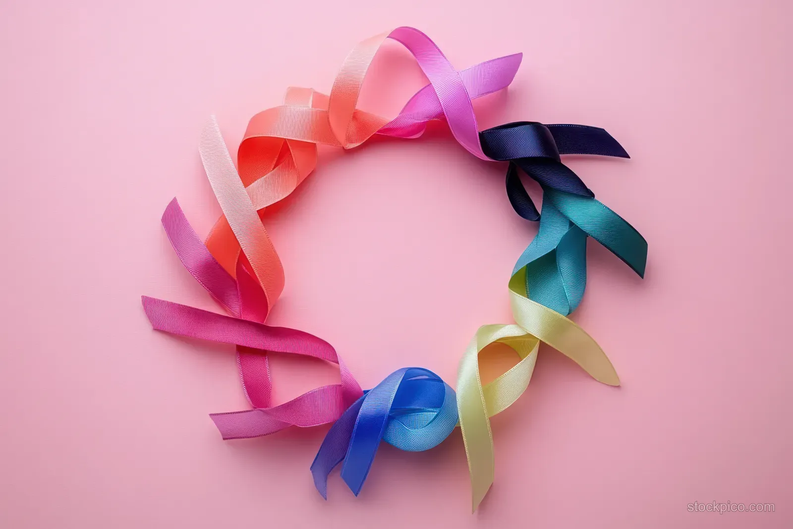 Colorful cancer and autism awareness ribbons form a circular wreath on a soft pink background.