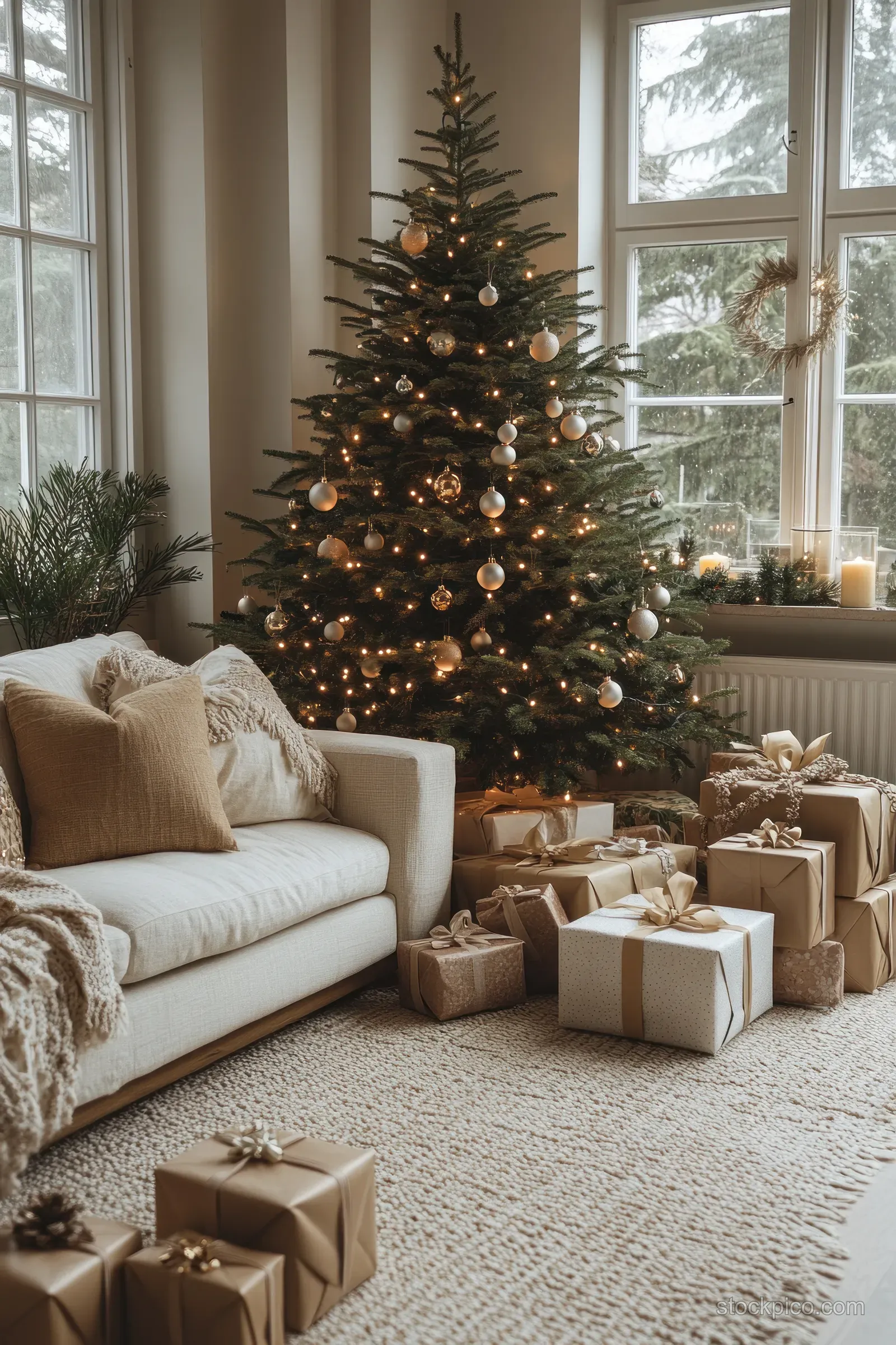 A decorated Christmas tree in a cozy living room with wrapped gifts on the carpet and soft window light.