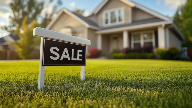 A SALE sign in the front yard of a suburban house beside a neatly trimmed green lawn.