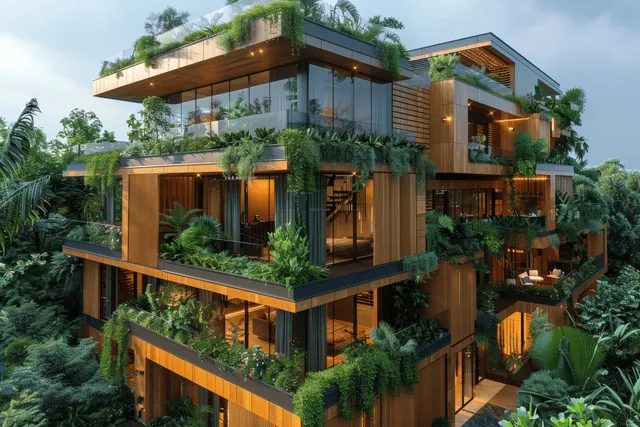 Modern apartment building exterior with rooftop solar panels, vertical greenery walls, and warm lit windows.