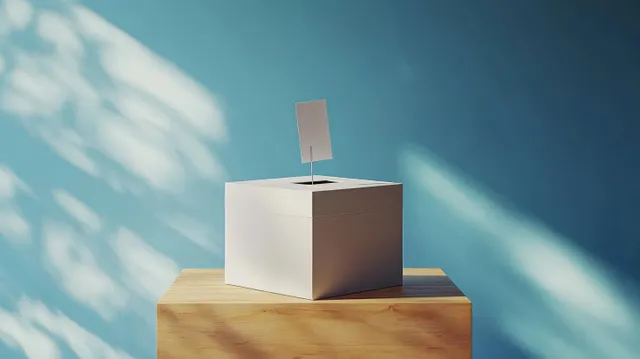 A white ballot box with a blank sign sits on a wooden pedestal against a blue wall with soft daylight shadows.