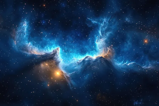 Teal-blue nebula clouds swirl through a dark starfield with scattered glowing stars.