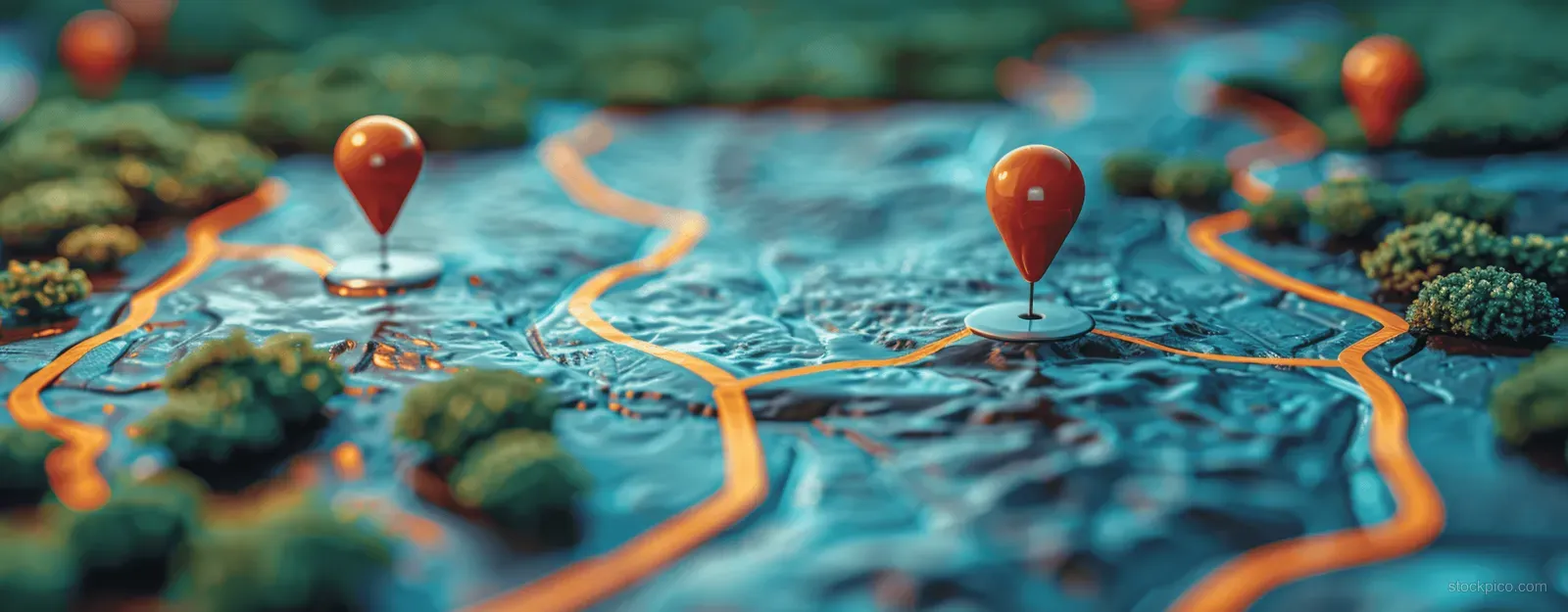 Close-up of a digital city map with glowing GPS pins and highlighted roads on a smartphone screen.