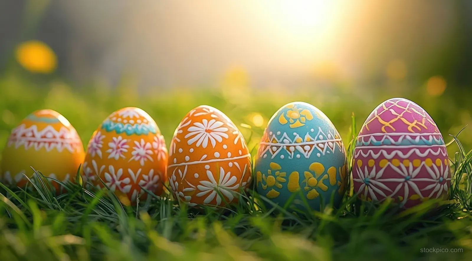 Colorful decorated Easter eggs with floral and geometric patterns lined on green grass in warm sunlight.