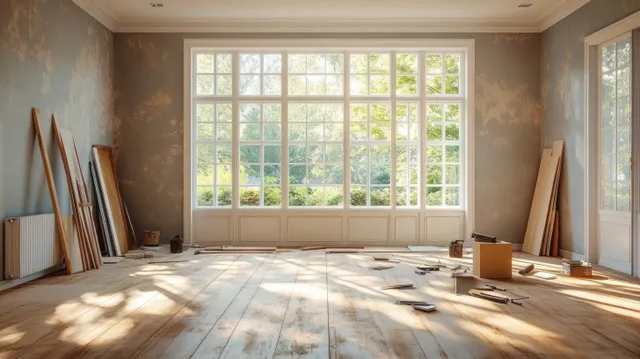 Renovation work in sunlit spacious room with tools, windows, and wooden floor
