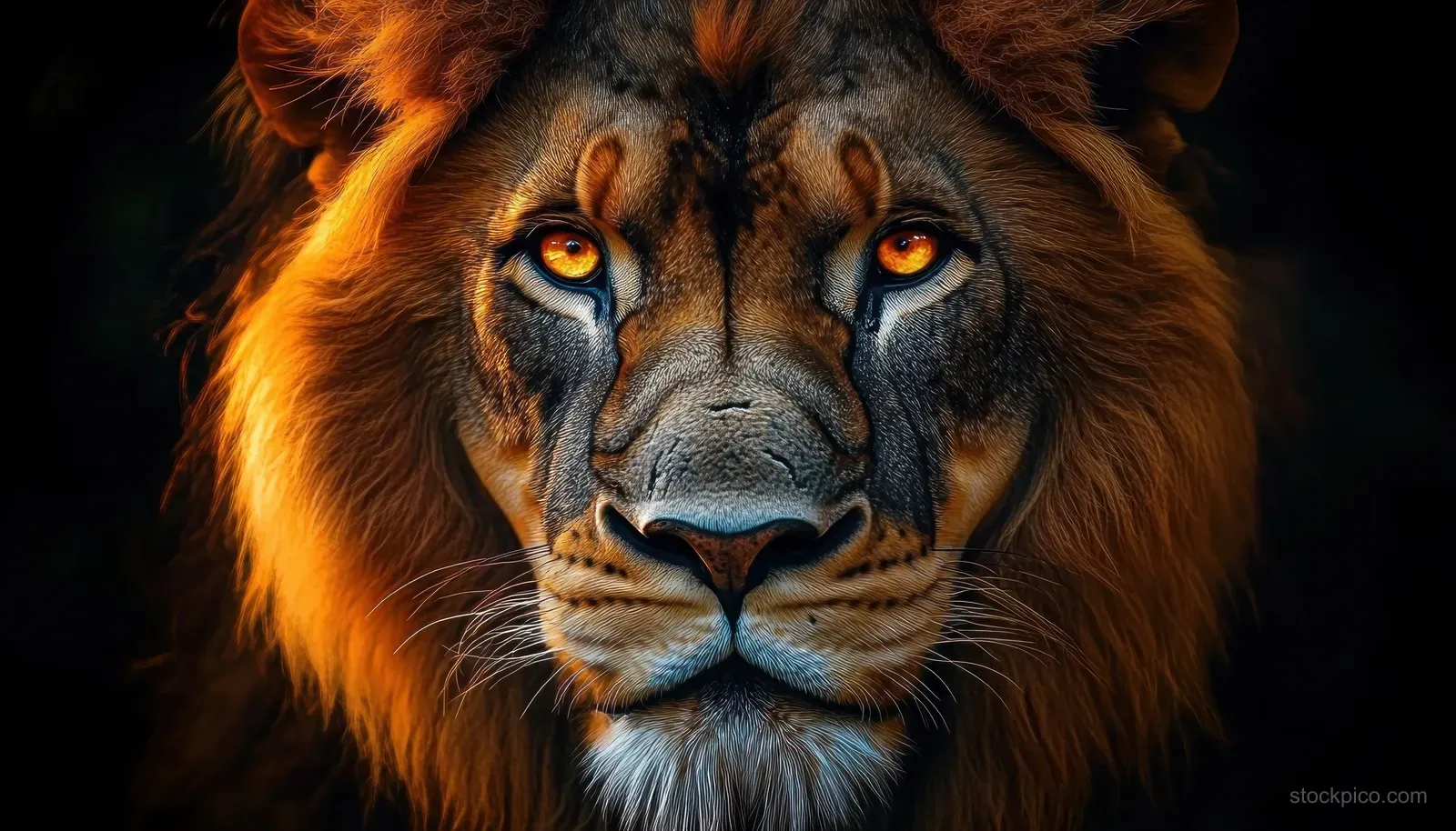 A lion close-up with glowing amber eyes and a thick golden mane against a dark background.