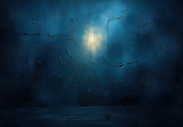 Dim blue interior room with cracked peeling wall paint and a faint glowing light above a dark floor.