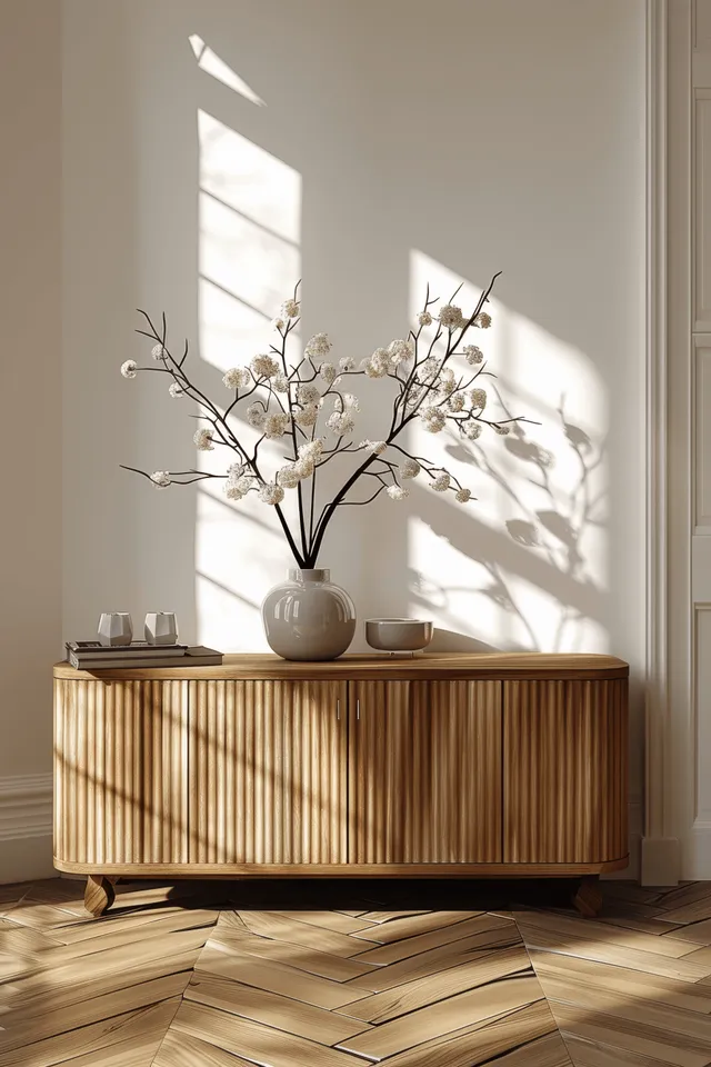 Sunlit minimalist interior featuring wooden sideboard, vase branches, and soft window shadows