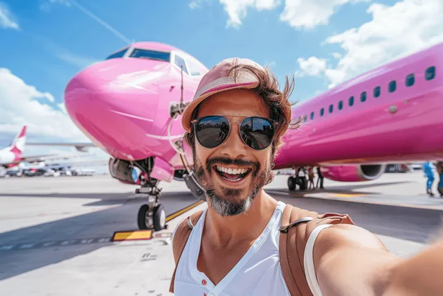 Smiling man taking a selfie beside a pink airplane at a sunny airport gate.