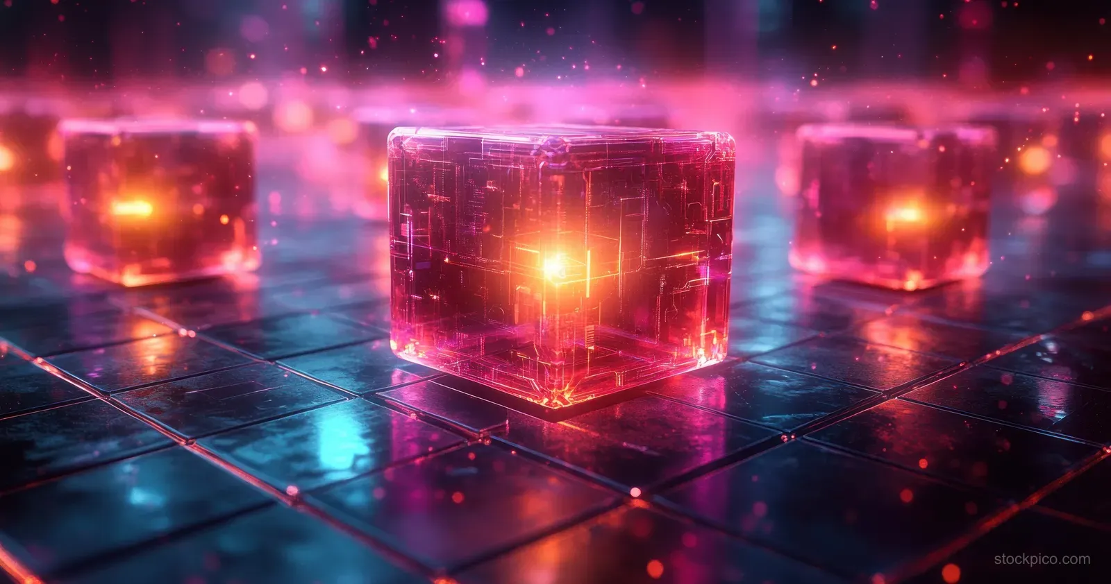 Glowing holographic cubes sit on a reflective neon grid in a futuristic digital scene.
