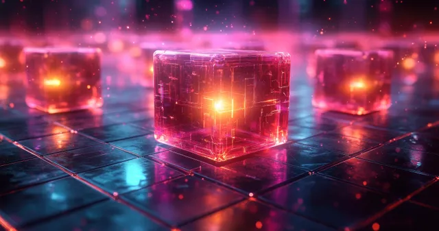 Glowing holographic cubes symbolize decentralized governance on a neon network grid