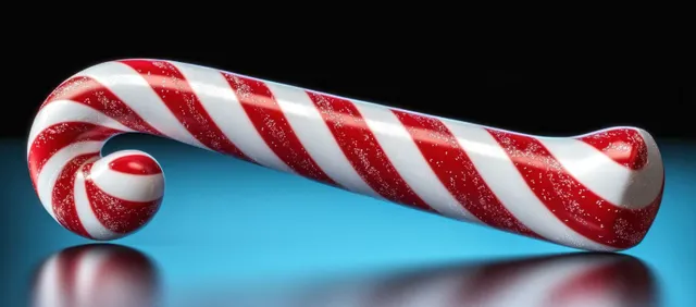 Shiny red-and-white candy cane lying on reflective blue surface with curled end