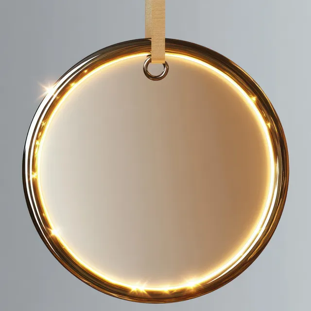 Gold circular pendant with a glowing ring light suspended by a beige strap on a gray background.