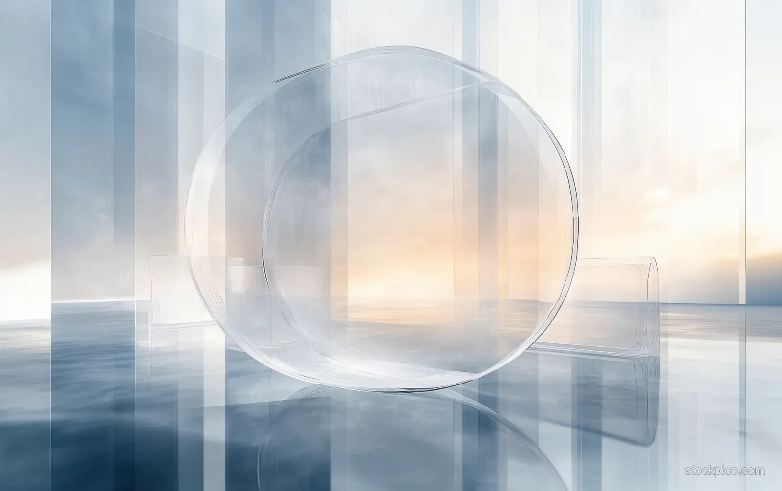 Transparent sphere hovering above reflective blocks with soft sunlight reflections and shadows.