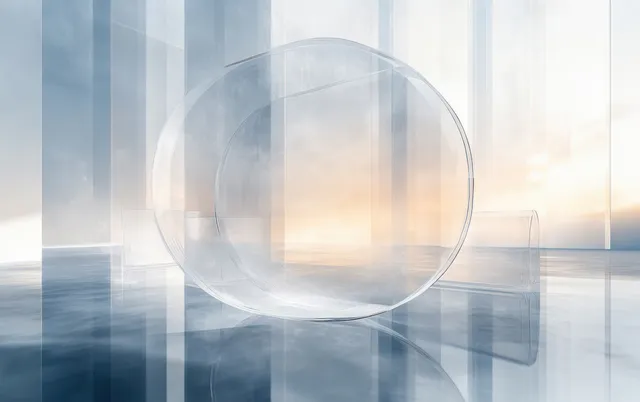 Transparent sphere hovering above reflective blocks with soft sunlight reflections and shadows.