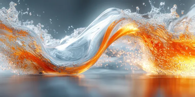 Orange and blue liquid waves splash upward with bubbles over a reflective surface background.