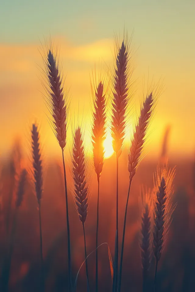 Golden-hour grass silhouettes swaying in a misty field with warm sun glow