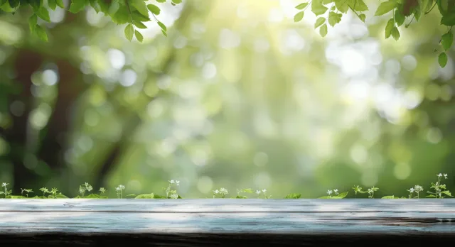 White wooden tabletop in front of a blurred sunlit green forest background with soft bokeh light spots.