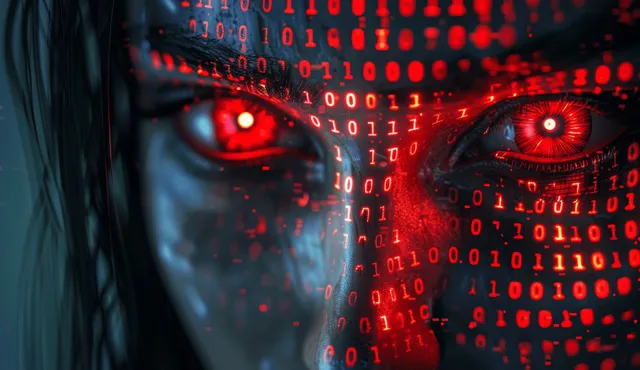 A cyberpunk AI face built from binary code with intense red glowing eyes in a dark digital background.