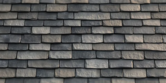 Overlapping weathered slate roof shingles in close-up with visible seams and mottled texture under natural light.