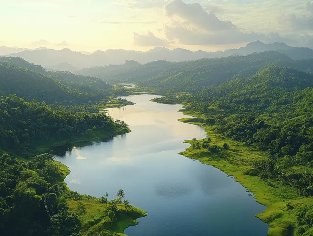 Drone aerial view of Sermo Lake winding through lush green hills under bright morning sky