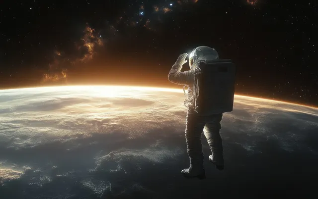 Astronaut saluting in Earth orbit with a glowing planet horizon and starlit nebula background.