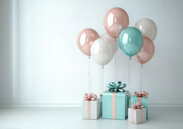 Pastel gift boxes with ribbons and balloons arranged on a light wooden floor against a plain white wall.