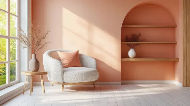 Peach minimalist living room corner with a curved armchair, side table, lamp, and sunlit floor.