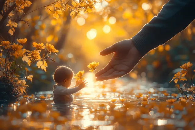 A mother and toddler interact outdoors among falling leaves during a golden sunset.