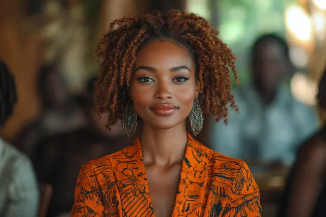 Confident woman stands in orange patterned jacket at indoor gathering