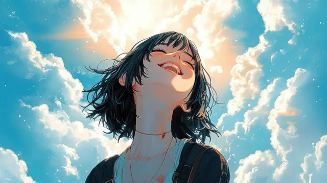 Joyful girl looking up at a blue sky, smiling with sunlight clouds