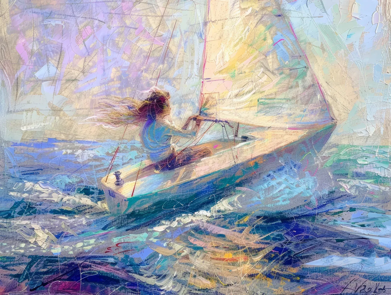 A woman steers a Laser Radial sailboat across windy blue water with sails catching the light.