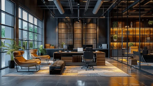 Open office workspace showing desks, chairs, black walls, glass windows, and warm industrial ceiling lights.