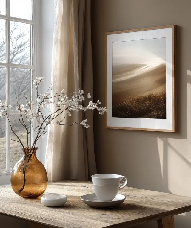 Minimalist wooden frame poster mockup on a wall beside a window with warm light and a small vase and cup on a table.