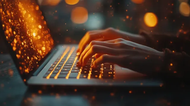 Hands typing on a laptop keyboard with a glowing lock overlay indicating secure login access.