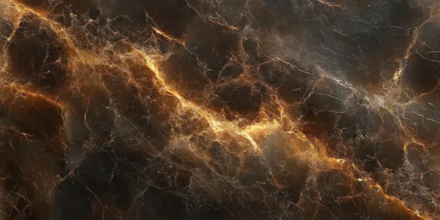 Brown marble texture with fiery golden veins, dramatic high-contrast lighting background
