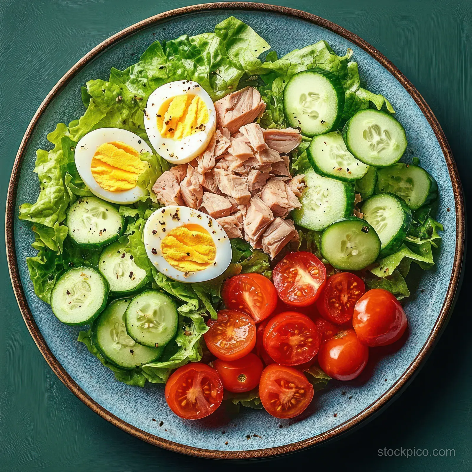 Close-up tuna salad bowl with lettuce, cucumber slices, cherry tomatoes, and halved boiled eggs on a rustic blue plate.