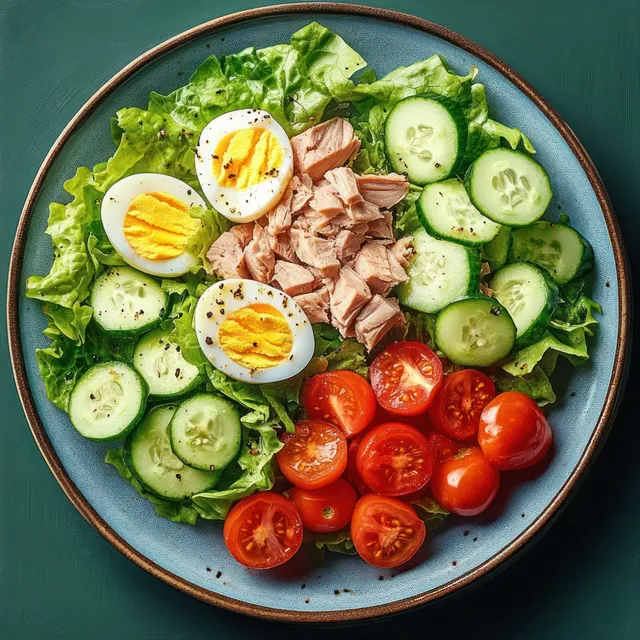 Tuna and egg salad bowl with crisp lettuce, cucumber, and cherry tomatoes on blue plate