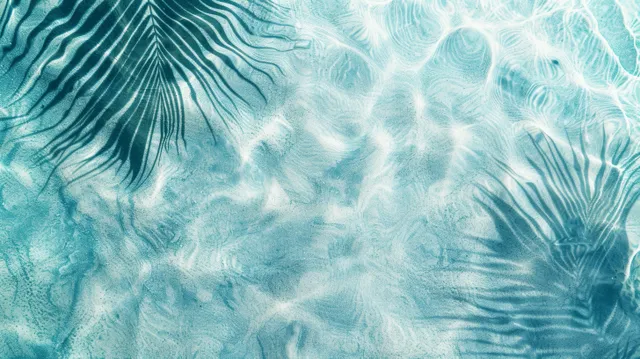 Top view rippling ocean water with palm leaf shadow patterns in light blue summer