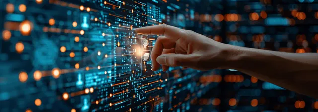 Hand reaching through glowing digital network for AI-guided e-learning