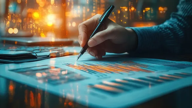 Hand writing financial charts on glass desk with warm office bokeh lights and abstract glow