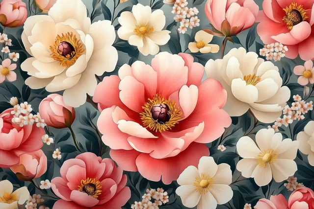 Seamless peony and wildflower botanical pattern with pastel blooms on soft leafy background
